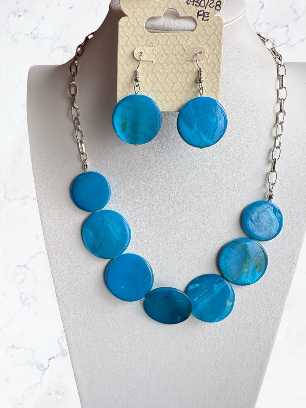 Disney Bright Blue Round Shell Necklace and Earrings Set